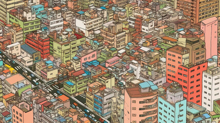 a cartoon inspired aerial view of a big modern city, ai generated image