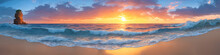 Panorama Of A Sunset Over The Ocean With Waves Crashing On The Shore And A Lone Rock In The Water. Seascape Illustration With Sand Beach, Cloudy Sky And Setting Sun. Generative AI