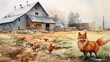 a fox in search of food wanders around the farm near the chicken coop. watercolor drawing.Generative AI