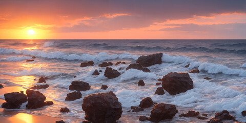 Wall Mural - A sunset over the ocean with waves crashing on the shore and big stones in the foreground and in the water. Seascape illustration with sand beach, cloudy sky and setting sun. Generative AI