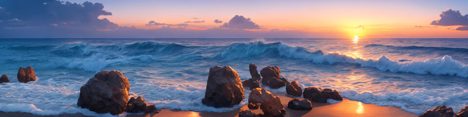 Panorama of a sunset over the ocean with waves crashing on the shore and several big stones in the foreground. Seascape illustration with sand beach, cloudy sky and setting sun. Generative AI