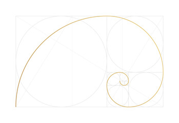 Golden ratio design template. Geometric Figure in law of golden ratio. Golden spiral, golden section, Fibonacci array, Fibonacci numbers. Vector illustration
