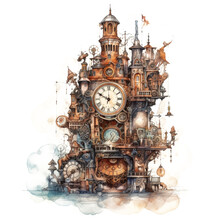Watercolor Steampunk Fantasy Clock Tower Isolated On A White Background Made With AI Generative Technology