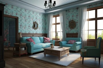 Wall Mural - luxurious living room with elegant furniture and a sparkling chandelier