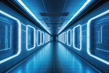 Wall Mural - futuristic hallway with glowing neon lights stretching into the distance
