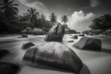 Poster - Illustration of Black and White Landscape featuring Rocks and Palm Trees