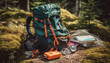 One person hiking with backpack and equipment in mountain landscape generated by AI