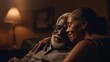 © Emiliia - AI generated pirtrait of senior black couple hugs lovingly in a portrait at home during a quiet evening,