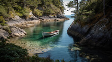 A Hidden Cove With A Small Boat Gently Rocking On The Calm Water