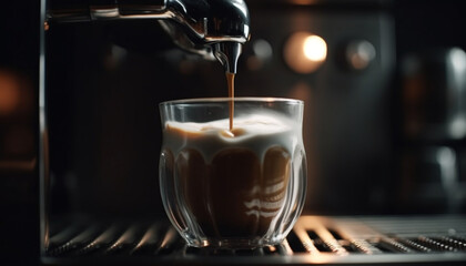 Wall Mural - Barista pours hot, frothy cappuccino into a chocolatey mocha mug generated by AI