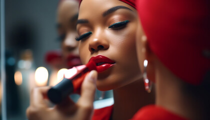 Beautiful woman applying stage make up, looking at camera with elegance generated by AI