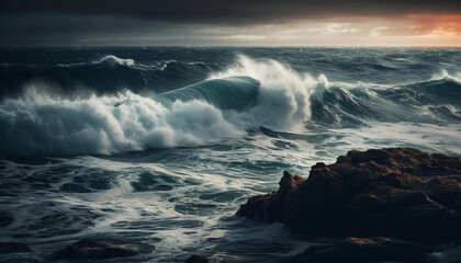 The crashing wave splashes against the rocky coastline at dusk generated by AI