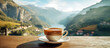 © tania_wild - Mug with hot beverage, cup of steaming coffee, tea with mountains landscape on background, vacation concept