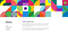 Abstract Geometric Bauhaus Shapes Combination 2024 Happy New Year Horizontal Banner. Graphic Retro Style Celebration Decoration Poster. Modern Trendy Artwork. Colored Vintage Simple Vector Eps Print