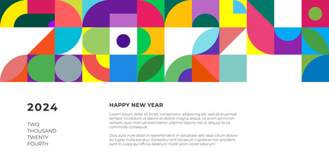Abstract geometric bauhaus shapes combination 2024 Happy New Year horizontal banner. Graphic retro style celebration decoration poster. Modern trendy artwork. Colored vintage simple vector eps print