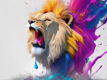 The Head Of A Lion Emerging From Multicolored Paint Splashed In All Directions. Creative And Abstract Concept Of Depicting Animals. Generative Ai, Ai.