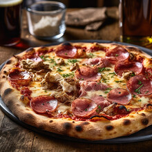 An Appetizing UGC Photograph Showcases A Mouthwatering Mortadella Pizza On A Restaurant Table. Generative Ai, Ai.