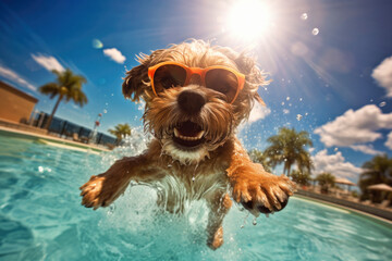 A cute happy dog in sunglasses playing in the pool. Generative AI.