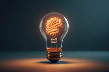 Lightbulb with a brain inside, symbolizing the concept of brainstorming and creativity, where innovative ideas and ingenuity come to light. Generative Ai, Ai.