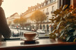 woman enjoying a moment of calm amidst the chaos of urban life. She sits at a table in a cozy cafe, sipping her coffee and gazing out the window at the busy street below. Generative AI Technology.