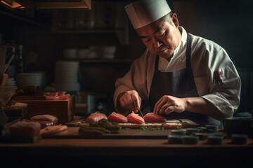 Wall Mural - A Japanese chef expertly prepares fresh sushi using traditional techniques and ingredients, showcasing their skill, precision, and attention to detail. Generative AI Technology.