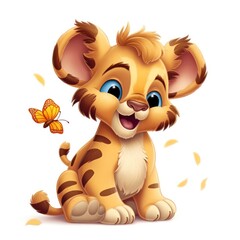 Wall Mural - Adorable baby lion cub playing with a butterfly, cartoon on white background. Generative AI