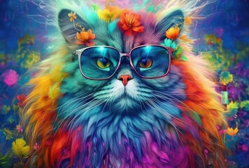 persian cat with a pair of stylish glasses. the bright and vivid palette adds a sense of playfulness