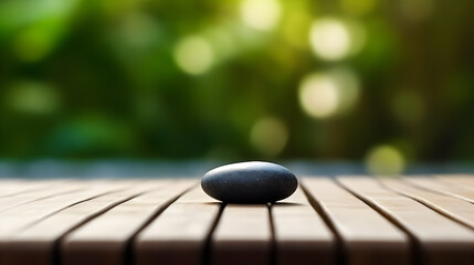 spa stones on blurred background, wooden table and bamboo blurred background with space for text, generative ai