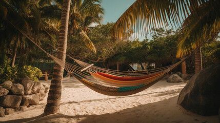 A secluded hammock between two palm trees, inviting relaxation