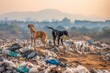 Stray dogs scavenge for food in a dump. Ai generated.