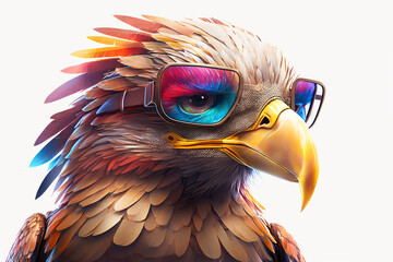 Wall Mural - Cartoon colorful eagle with sunglasses on white background. Created with generative AI