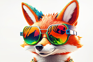 Wall Mural - cartoon colorful fox with sunglasses on white background. created with generative ai