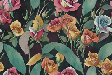 Wall Mural - Elegant pattern of rose flowers isolated in a solid background great for textile print, background, handmade card design, invitations, wallpaper, packaging, interior or fashion designs. Generative AI.