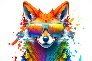 Wall Mural - cartoon colorful fox with sunglasses on white background. created with generative ai