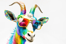 Cartoon Colorful Goat With Sunglasses On White Background. Created With Generative AI