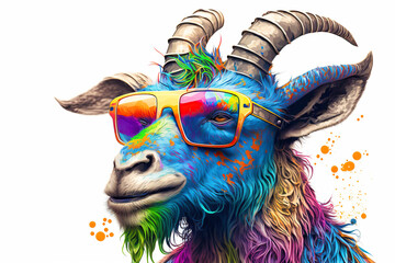 Wall Mural - cartoon colorful goat with sunglasses on white background. created with generative ai