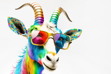 Wall Mural - cartoon colorful goat with sunglasses on white background. created with generative ai