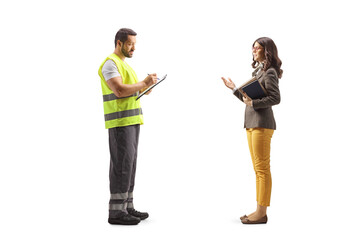 Poster - Full length profile shot of a road assistance agent writing a document and listening to a young woman