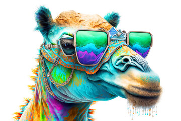 Wall Mural - cartoon colorful camel with sunglasses on white background. created with generative ai