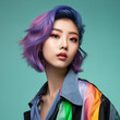 Portrait of a beautiful asian woman with colorful hair and bright makeup. Beautiful asian girl with bright makeup and colorful clothes. Asian beauty. Pretty japanese model, fashion style. AI generated