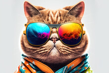 Cartoon Colorful Cat With Sunglasses On White Background. Created With Generative AI