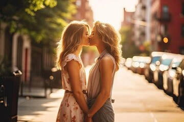 beautiful loving young lesbian couple kissing in the middle of the street.