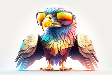 cartoon colorful eagle with sunglasses on white background. created with generative ai