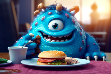 Wall Mural - Cute burger lover. Gluttony. Generative AI. Burger day. Funny blue monster overeats fast food. Illustration for children's menu, pizzeria, article, cartoon, cover. Cartoon with junk food concept