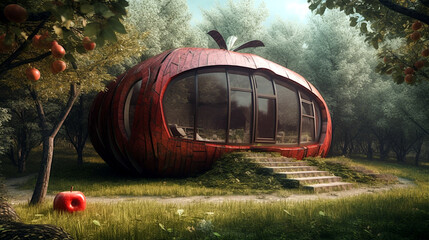 Modern apple-shaped house. Architectural concept, unreal, fantasy. Ai illustration, fantasy digital painting, Generative AI