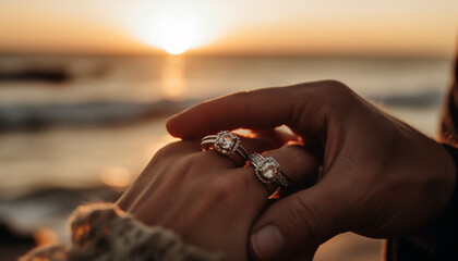 Wall Mural - A romantic couple holding hands at sunset on the beach generated by AI