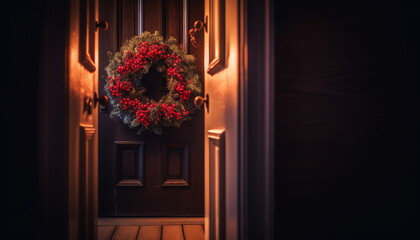 Poster - Rustic wreath adorns elegant wooden door in nature inspired home decor generated by AI