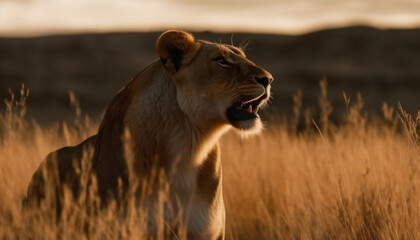 Poster - The majestic lion yawns in the tranquil African wilderness generated by AI