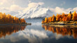 Vista panorâmica de um lago serene refletindo montanha coberta de neve