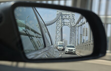 Side View Mirror View Of Road With George Washington Bridge (car, Truck, Road, Traffic, Highway) I95, Gwb Crossing New York To New Jersey (washington Heights, Manhattan, Nyc To Fort Lee) Driving Cars